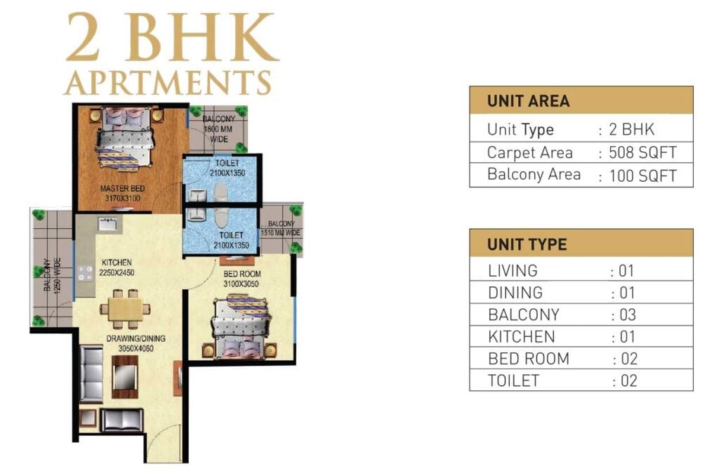 Floor plan of 2 BHK 508 Sq. Ft. Apartment in Mahira Homes 95, Gurgaon