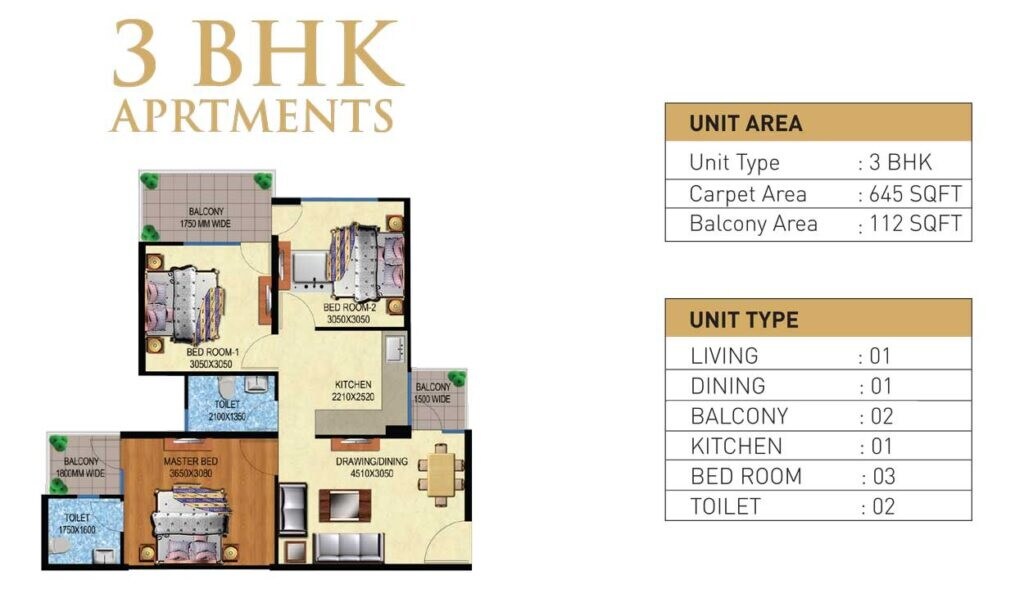 Floor plan of 3 BHK 645 Sq. Ft. Apartment in Mahira Homes 95, Gurgaon