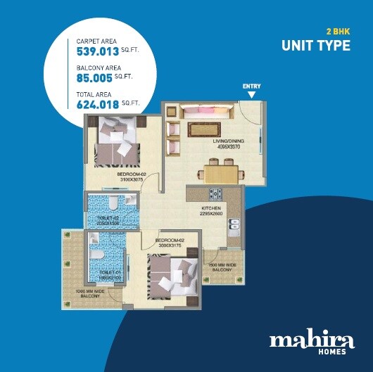 Floor plan of 2 BHK 539 Sq. Ft. Apartment in Mahira Homes, Gurgaon