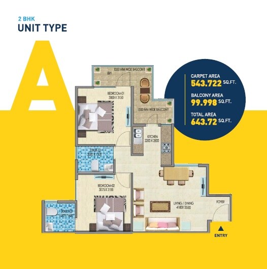 Floor plan of 2 BHK 544 Sq. Ft. Apartment in Mahira Homes, Gurgaon