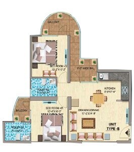 Floor plan of 3 BHK 644 Sq. Ft. Apartment in Mahira Homes, Gurgaon
