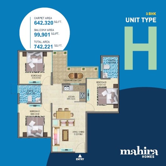 Floor plan of 3 BHK 642 Sq. Ft. Apartment in Mahira Homes, Gurgaon
