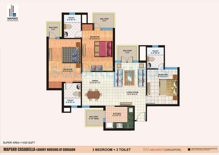Floor plan of 3 BHK 1430 Sq. Ft. Apartment in Mapsko Casa Bella-Apartments, Gurgaon