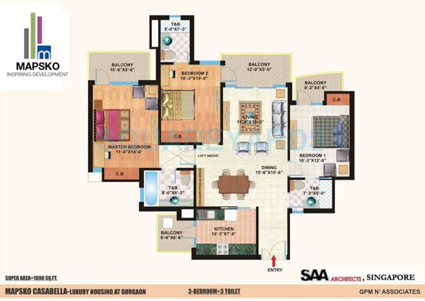 Floor plan of 3 BHK 1690 Sq. Ft. Apartment in Mapsko Casa Bella-Apartments, Gurgaon