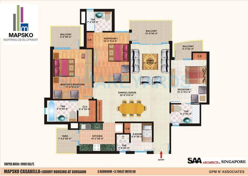 Floor plan of 3 BHK 1960 Sq. Ft. Apartment in Mapsko Casa Bella-Apartments, Gurgaon