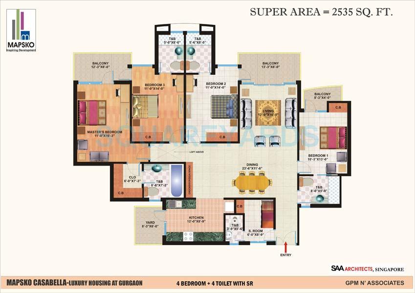 Floor plan of 4 BHK 2535 Sq. Ft. Apartment in Mapsko Casa Bella-Apartments, Gurgaon