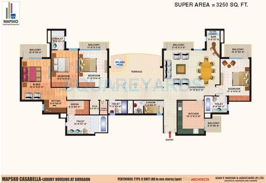 Floor plan of 4 BHK 3250 Sq. Ft. Penthouse in Mapsko Casa Bella-Apartments, Gurgaon