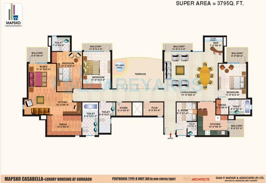 Floor plan of 4 BHK 3795 Sq. Ft. Penthouse in Mapsko Casa Bella-Apartments, Gurgaon