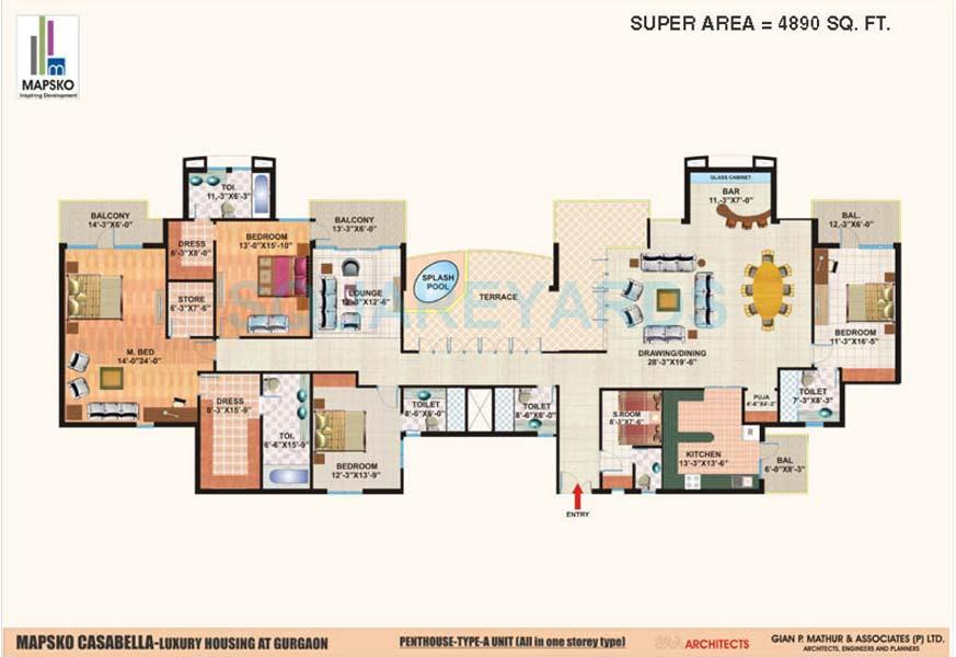 Floor plan of 4 BHK 4890 Sq. Ft. Penthouse in Mapsko Casa Bella-Apartments, Gurgaon