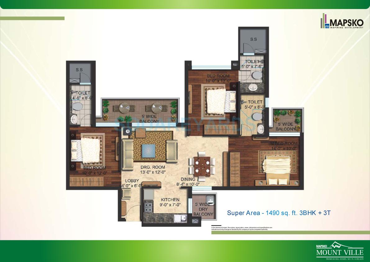 Floor plan of 3 BHK 1490 Sq. Ft. Apartment in Mapsko Mount Ville, Gurgaon