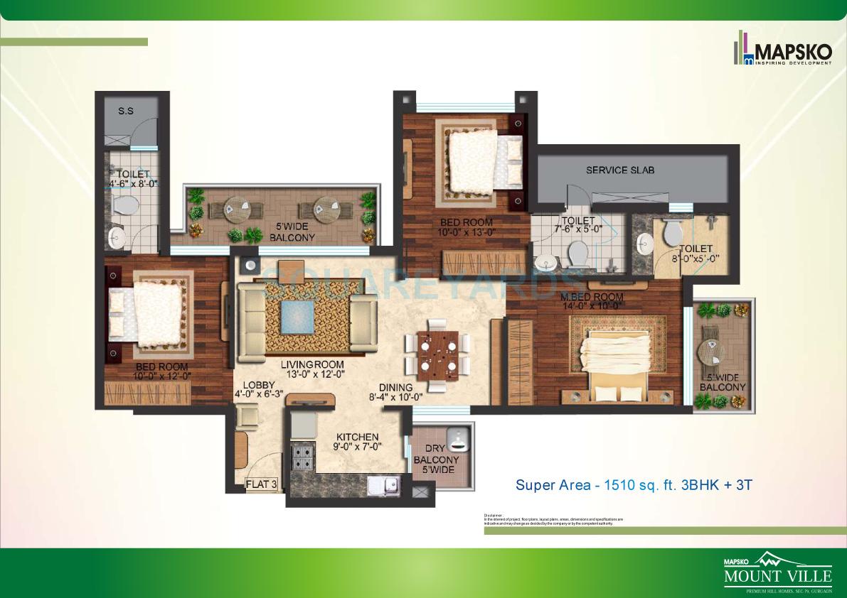 Floor plan of 3 BHK 1510 Sq. Ft. Apartment in Mapsko Mount Ville, Gurgaon