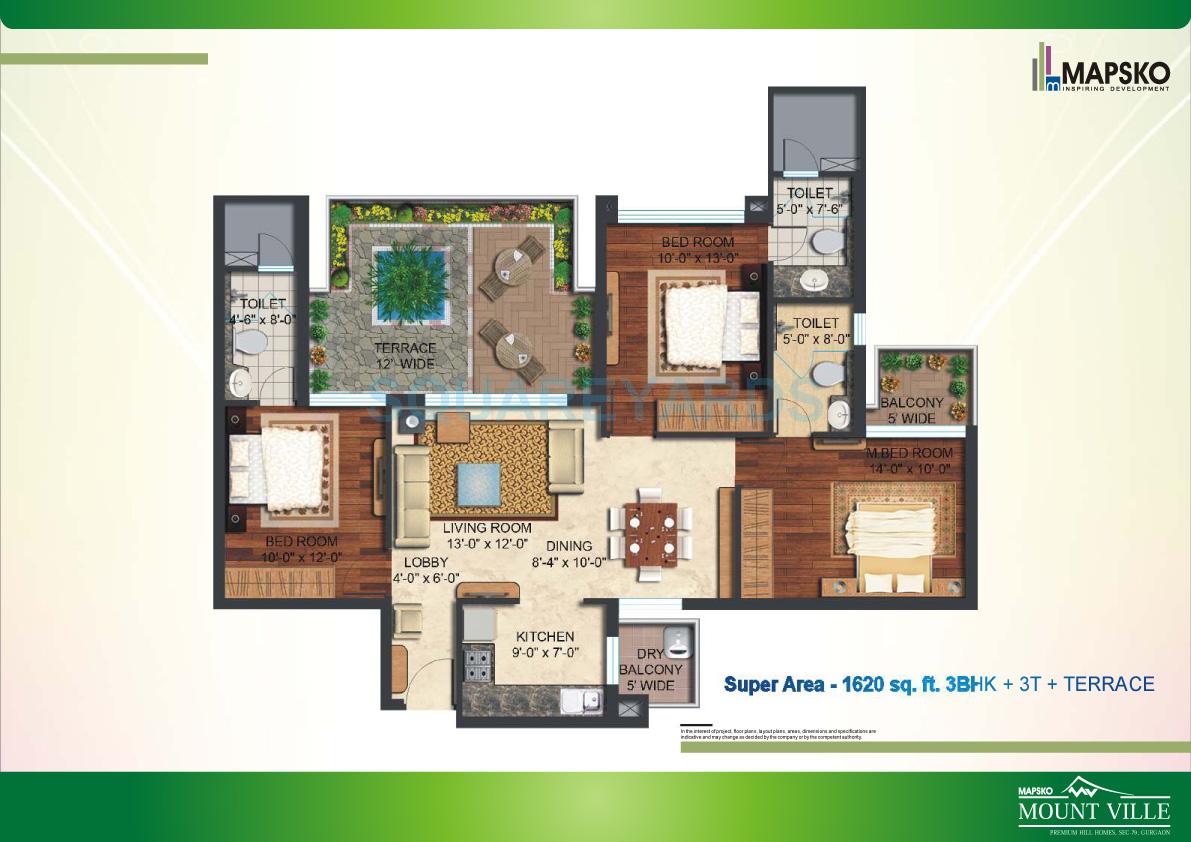 Floor plan of 3 BHK 1620 Sq. Ft. Apartment in Mapsko Mount Ville, Gurgaon
