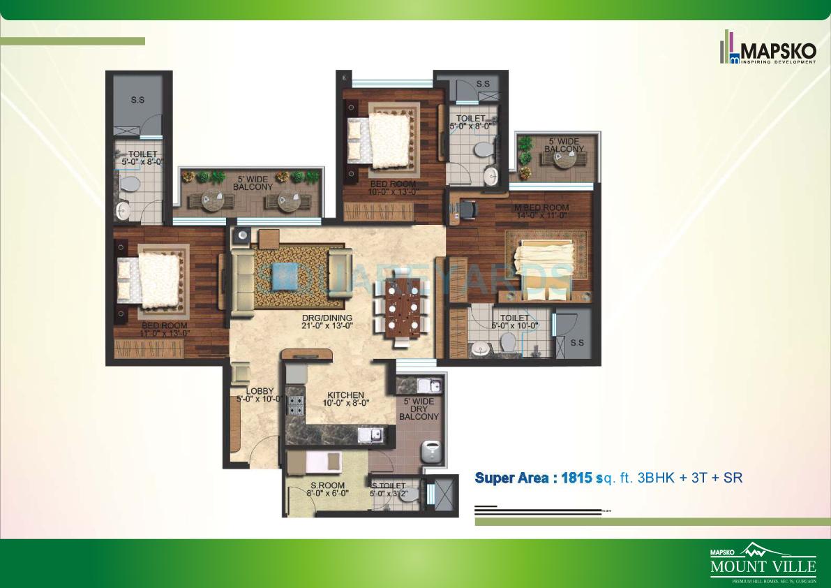 Floor plan of 3 BHK 1815 Sq. Ft. Apartment in Mapsko Mount Ville, Gurgaon