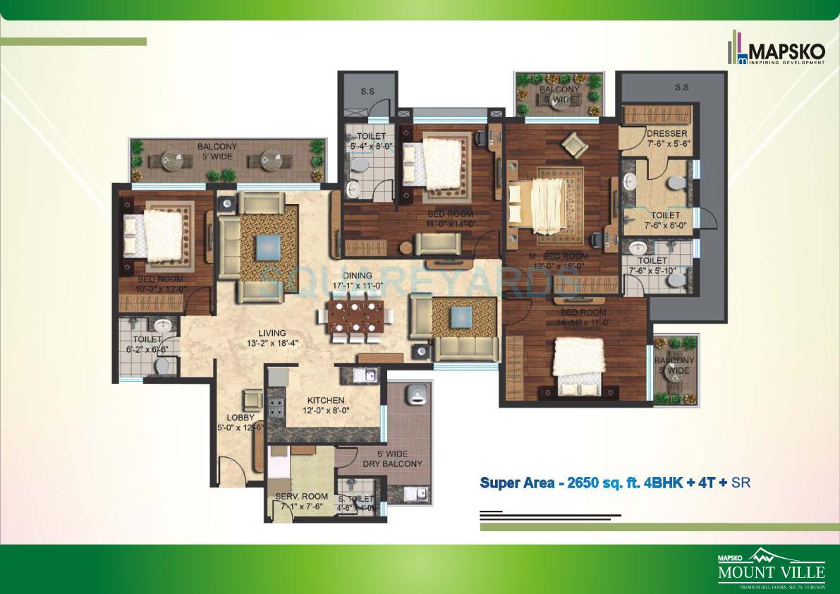 Floor plan of 4 BHK 2650 Sq. Ft. Apartment in Mapsko Mount Ville, Gurgaon