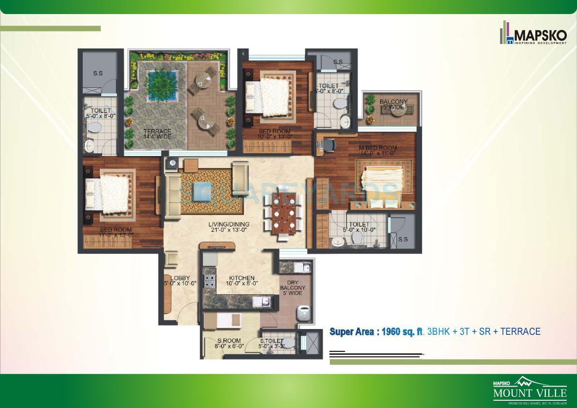 Floor plan of 3 BHK 1960 Sq. Ft. Apartment in Mapsko Mount Ville, Gurgaon