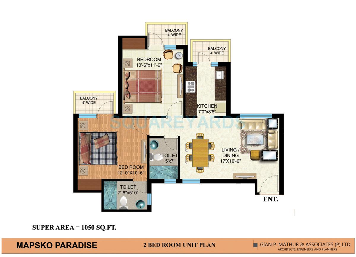 Floor plan of 2 BHK 1050 Sq. Ft. Apartment in Mapsko Paradise, Gurgaon