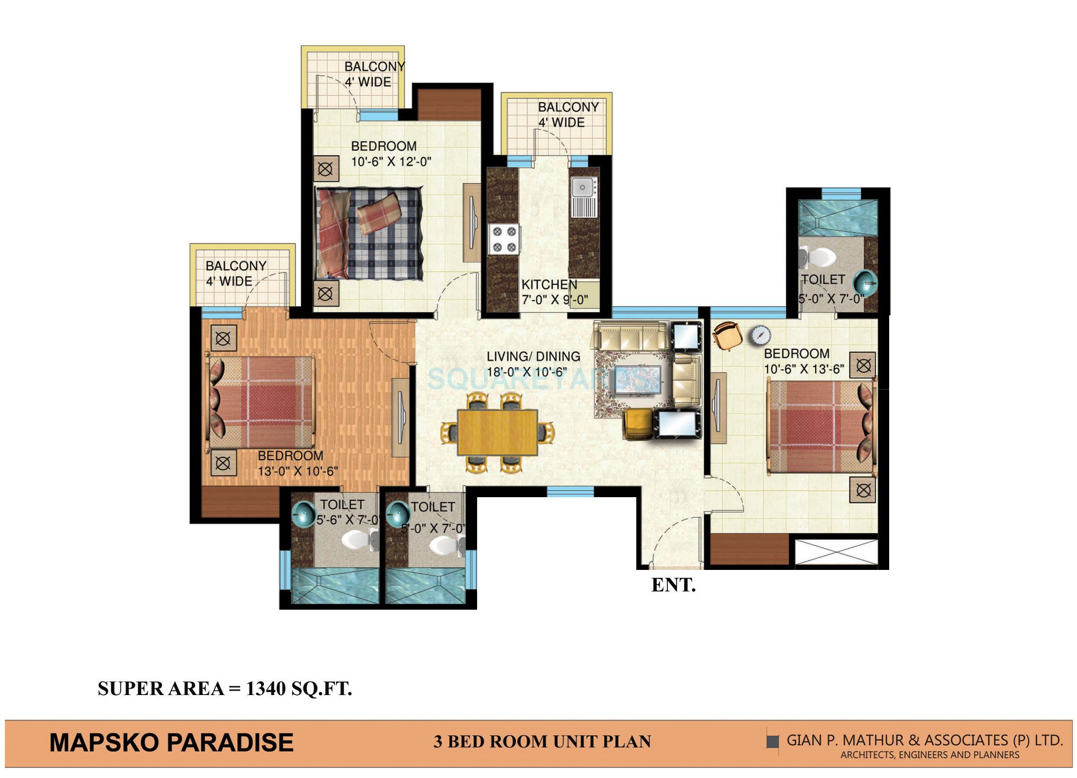  3 BHK Apartment at Mapsko Paradise, Sector 83 – for Rent