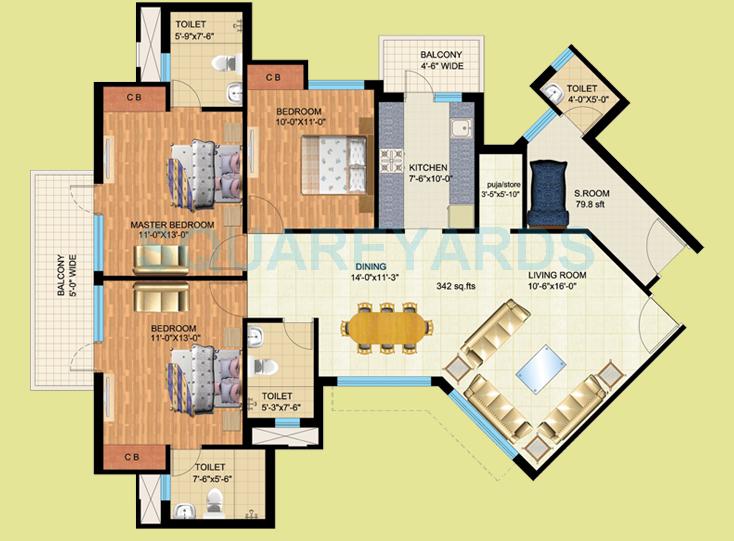 Floor plan of 3 BHK 1790 Sq. Ft. Apartment in Mapsko Royale Ville, Gurgaon