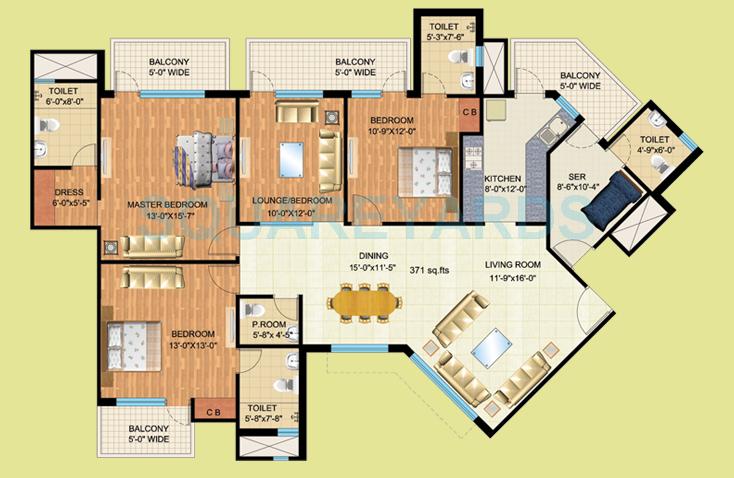 Floor plan of 3 BHK 2300 Sq. Ft. Apartment in Mapsko Royale Ville, Gurgaon