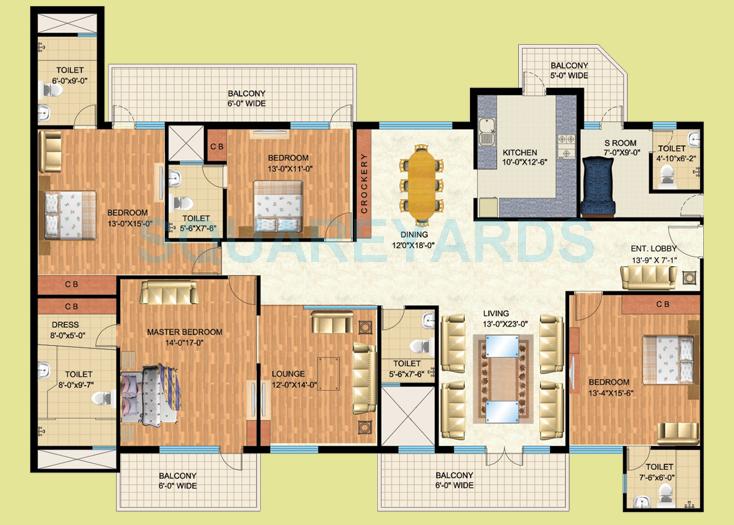 Floor plan of 4 BHK 3500 Sq. Ft. Apartment in Mapsko Royale Ville, Gurgaon