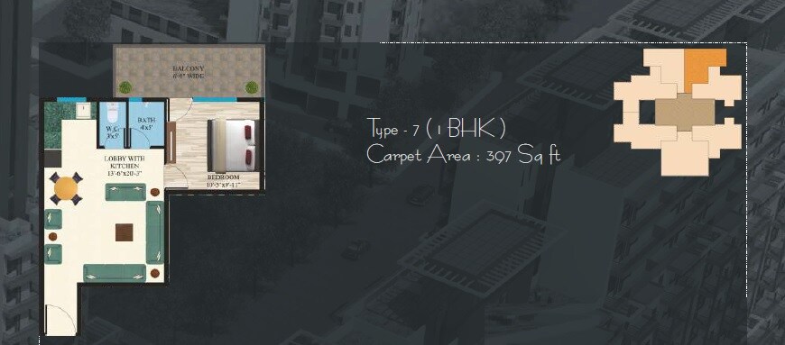 Floor plan of 1 BHK 397 Sq. Ft. Apartment in Maxworth Aashray, Gurgaon