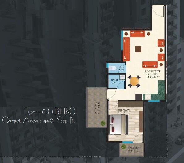 Floor plan of 1 BHK 446 Sq. Ft. Apartment in Maxworth Aashray, Gurgaon