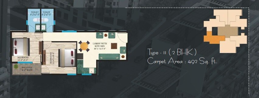 Floor plan of 2 BHK 493 Sq. Ft. Apartment in Maxworth Aashray, Gurgaon