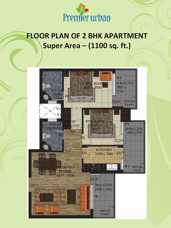 Floor plan of 2 BHK 1100 Sq. Ft. Apartment in Maxworth Premier Urban, Gurgaon