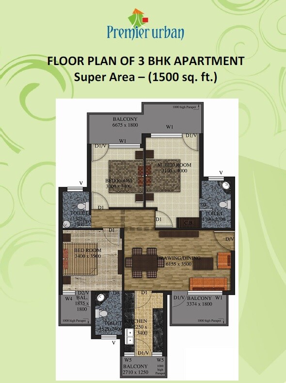 Floor plan of 3 BHK 1500 Sq. Ft. Apartment in Maxworth Premier Urban, Gurgaon