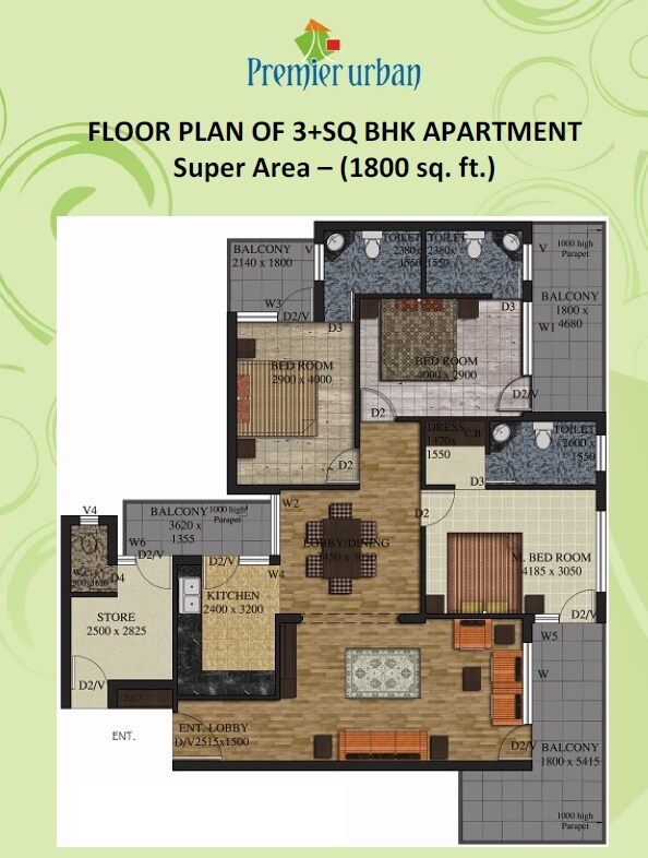 Floor plan of 3 BHK 1800 Sq. Ft. Apartment in Maxworth Premier Urban, Gurgaon