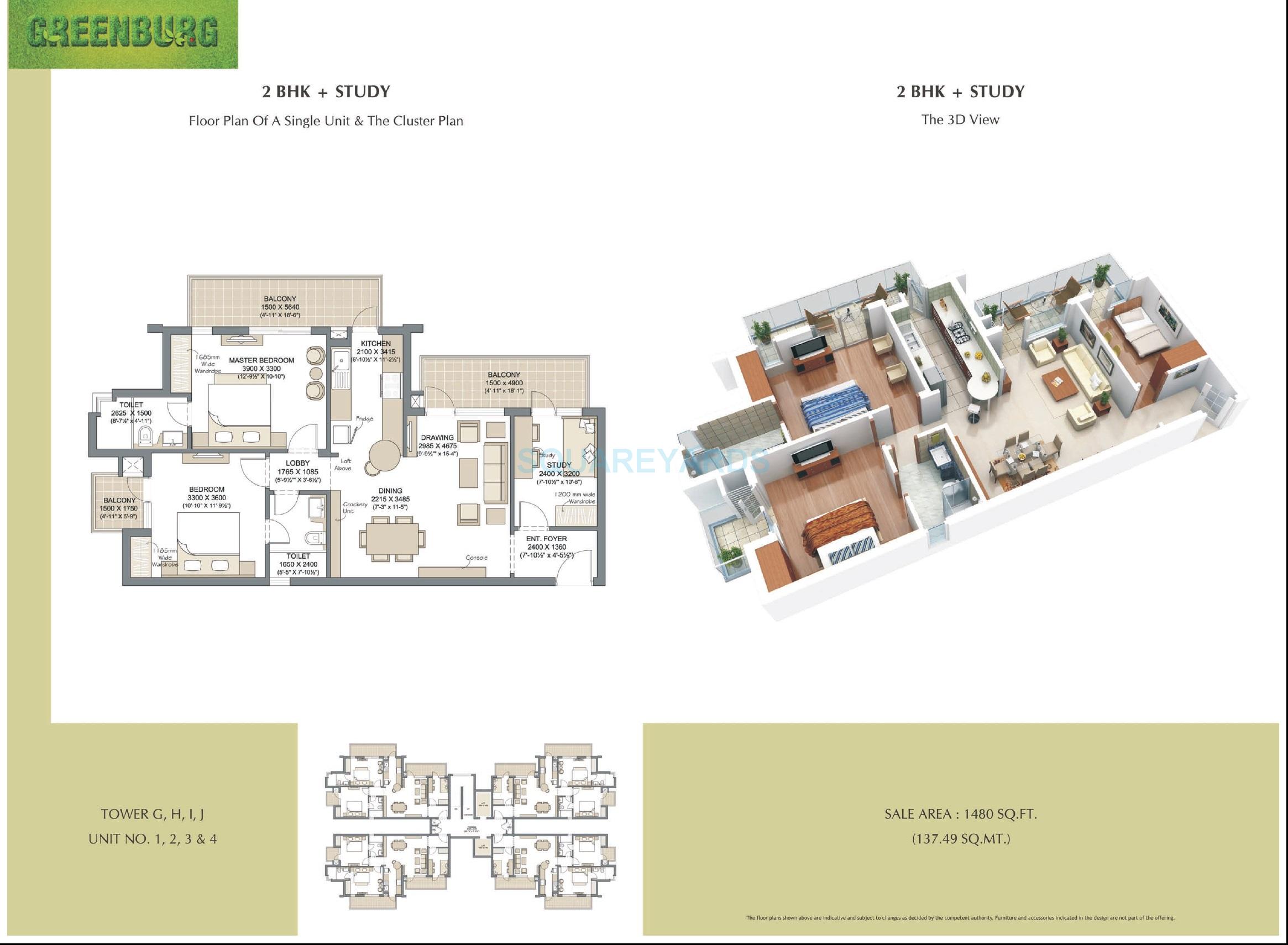 Floor plan of 2 BHK 1480 Sq. Ft. Apartment in Microtek Greenburg, Gurgaon