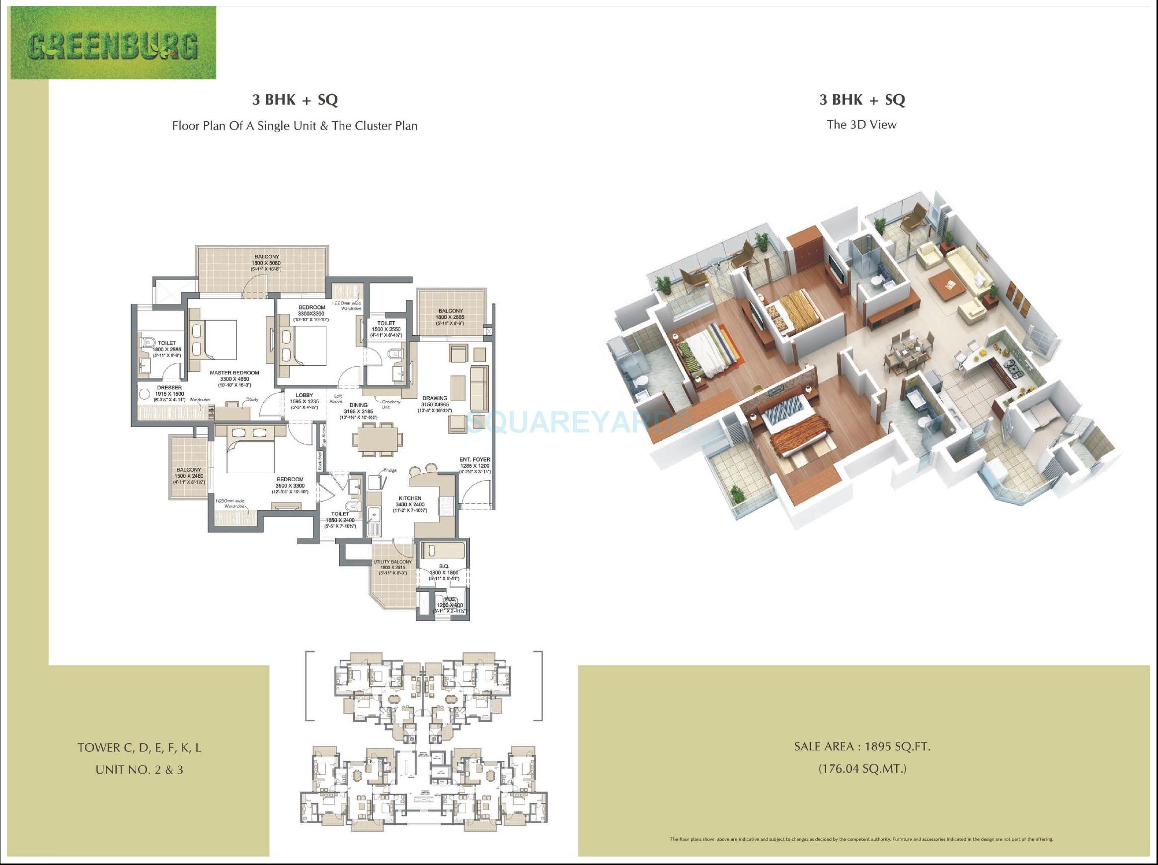 Floor plan of 3 BHK 1895 Sq. Ft. Apartment in Microtek Greenburg, Gurgaon