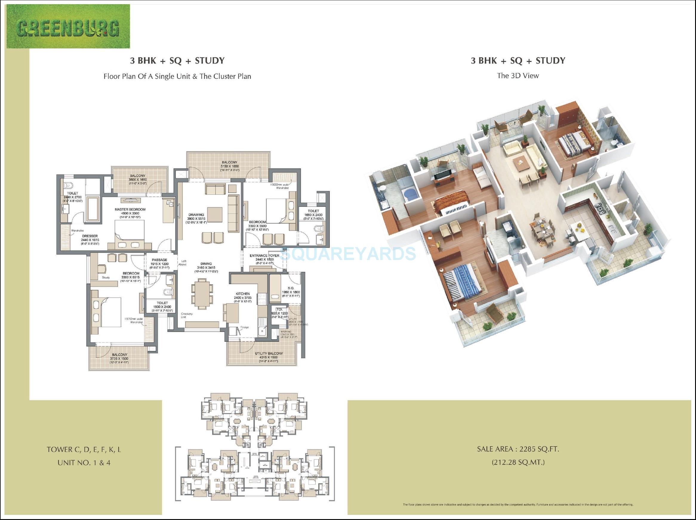 Floor plan of 3 BHK 2285 Sq. Ft. Apartment in Microtek Greenburg, Gurgaon