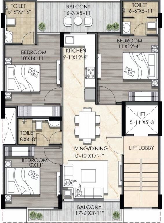 Floor plan of 3 BHK 1359 Sq. Ft. Ind Floor in MRG Crown, Gurgaon