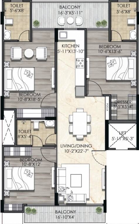 Floor plan of 3 BHK 1593 Sq. Ft. Ind Floor in MRG Crown, Gurgaon