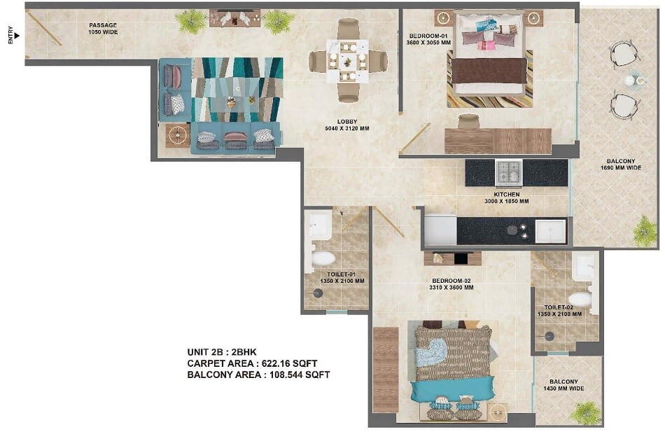 2 BHK 622 Sq. Ft. Apartment