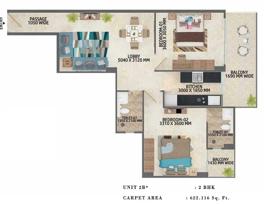 Floor plan of 2 BHK 741 Sq. Ft. Apartment in MRG Skyline, Gurgaon