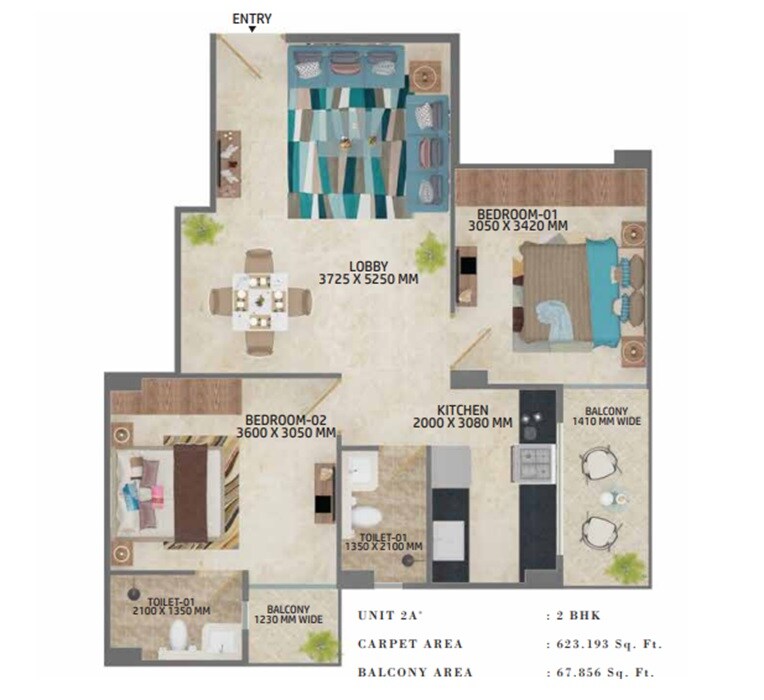 Floor plan of 2 BHK 691 Sq. Ft. Apartment in MRG Skyline, Gurgaon