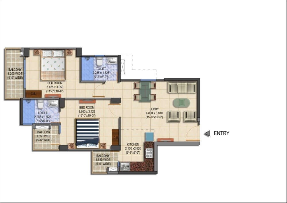 Floor plan of 2 BHK 1050 Sq. Ft. Apartment in MRG The Balcony, Gurgaon