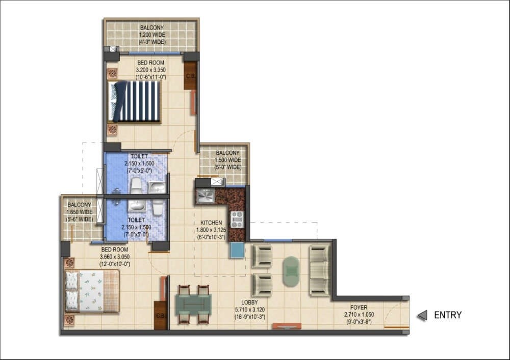 Floor plan of 2 BHK 1100 Sq. Ft. Apartment in MRG The Balcony, Gurgaon