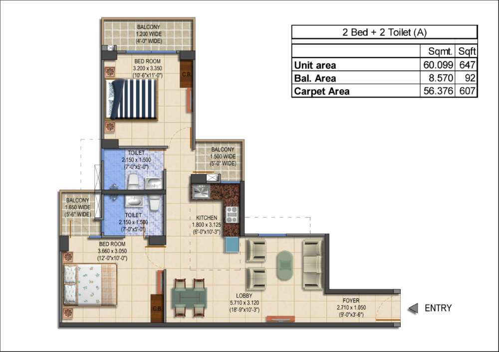 2 BHK 607 Sq. Ft. Apartment in MRG The Balcony