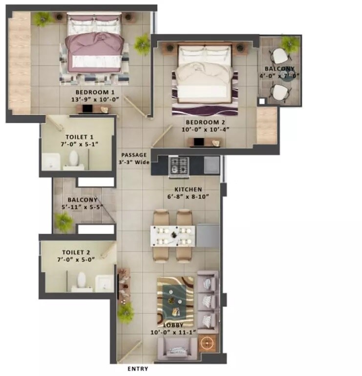 Floor plan of 2 BHK 602 Sq. Ft. Apartment in MRG The Meridian, Gurgaon