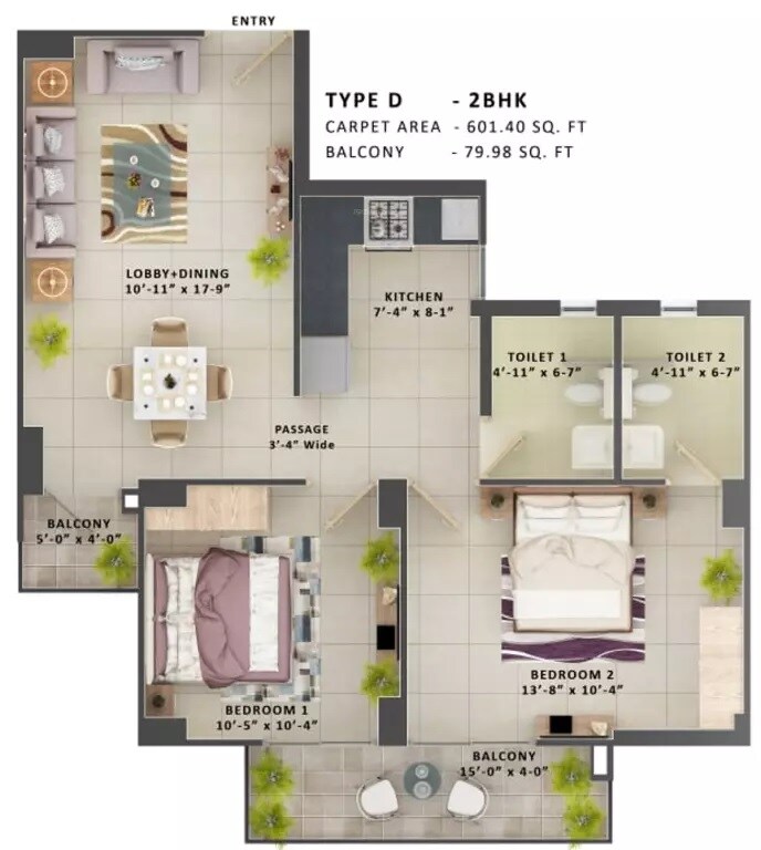 Floor plan of 2 BHK 681 Sq. Ft. Apartment in MRG The Meridian, Gurgaon