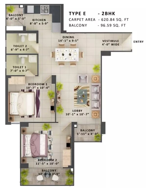 Floor plan of 2 BHK 718 Sq. Ft. Apartment in MRG The Meridian, Gurgaon