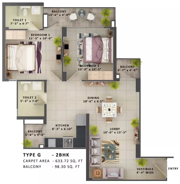 Floor plan of 2 BHK 732 Sq. Ft. Apartment in MRG The Meridian, Gurgaon