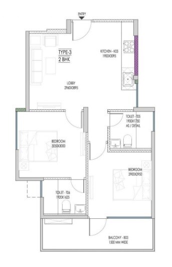 Floor plan of 2 BHK 710 Sq. Ft. Apartment in MVN Athens Phase II, Gurgaon