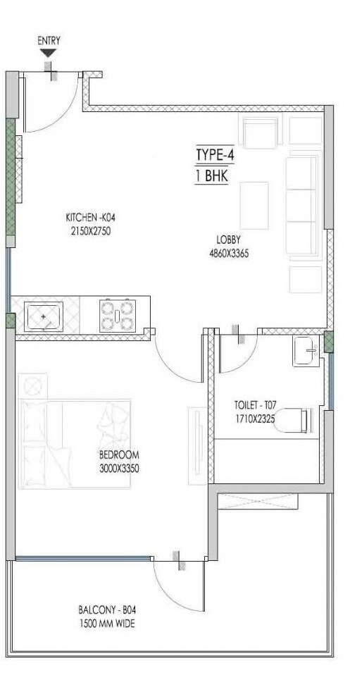 Floor plan of 1 BHK 340 Sq. Ft. Apartment in MVN The Athens, Gurgaon