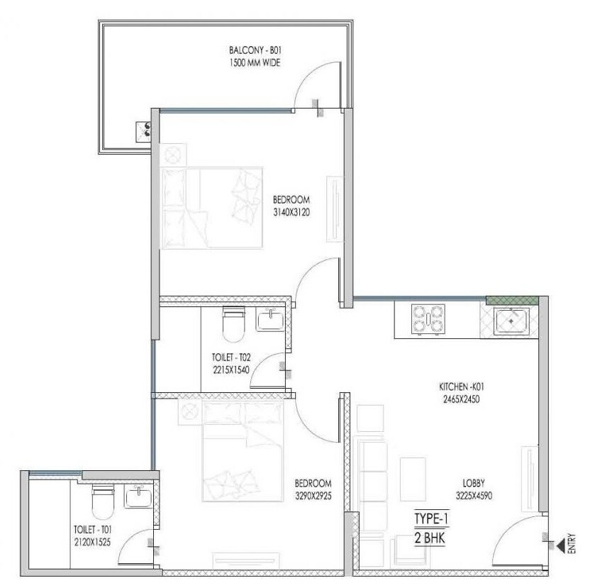 Floor plan of 2 BHK 481 Sq. Ft. Apartment in MVN The Athens, Gurgaon