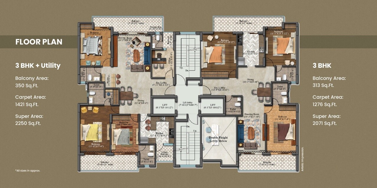 Floor plan of 3 BHK 2071 Sq. Ft. Apartment in Navraj The Antalyas, Gurgaon