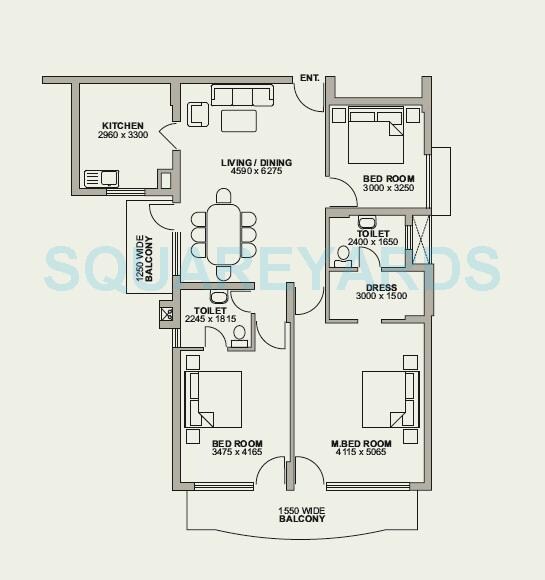Floor plan of 3 BHK 1630 Sq. Ft. Apartment in NBCC Green View, Gurgaon